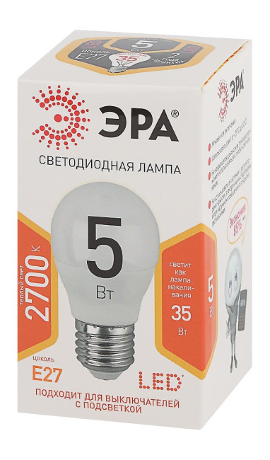 Лампа светодиодная Эра E27 5W 2700K LED P45-5W-827-E27 Б0028486 Лампа светодиодная Эра E27 5W 2700K LED P45-5W-827-E27 Б0028486