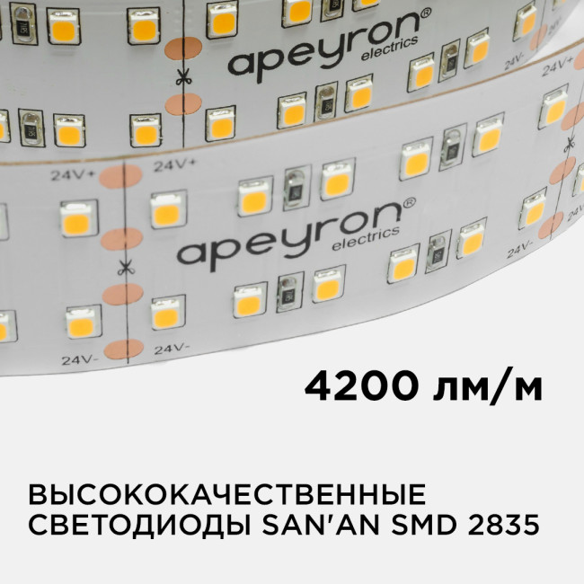 Светодиодная лента Apeyron 24В ПРО 42Вт/м smd2835 240д/м IP20 4200Лм/м 5м 4000К 00-316 Светодиодная лента Apeyron 24В ПРО 42Вт/м smd2835 240д/м IP20 4200Лм/м 5м 4000К 00-316
