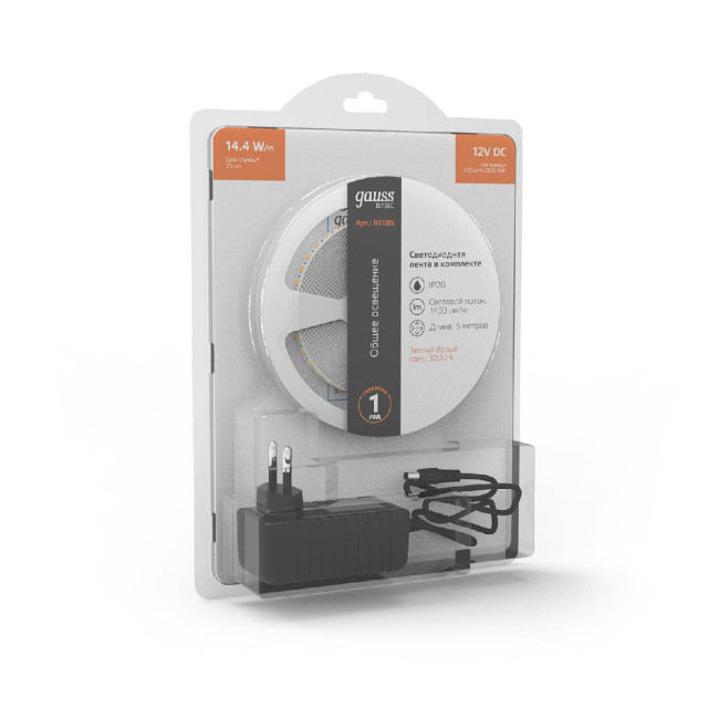 Светодиодная лента Gauss Basic 12В 2835 14,4Вт/м 3000K 5м IP20 BT085 Светодиодная лента Gauss Basic 12В 2835 14,4Вт/м 3000K 5м IP20 BT085