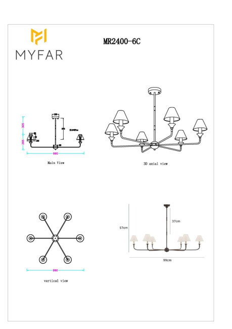 Люстра на штанге Myfar Leon MR2400-6C Люстра на штанге Myfar Leon MR2400-6C