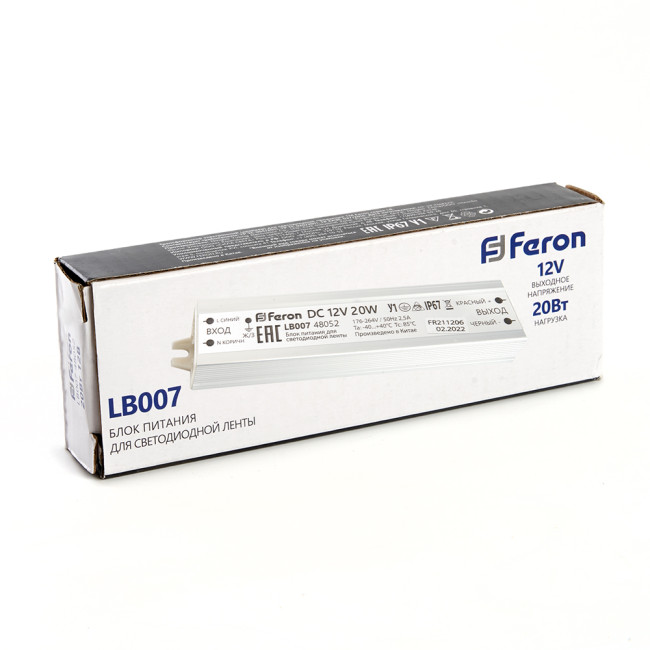 Трансформатор для светодиодной ленты Feron LB007 20Вт 12В IP67 48052 Трансформатор для светодиодной ленты Feron LB007 20Вт 12В IP67 48052