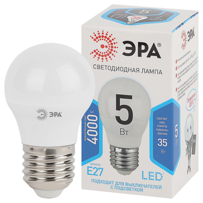 Лампа светодиодная Эра E27 5W 4000K LED P45-5W-840-E27 Б0028488 Лампа светодиодная Эра E27 5W 4000K LED P45-5W-840-E27 Б0028488