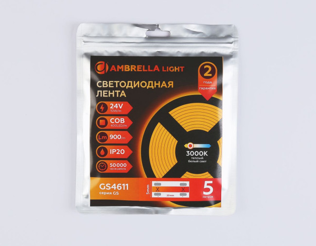 Светодиодная лента Ambrella Light COB 400Led/10W m/ 24V IP20 3000K/ 5m*5mm*2.1mm (2 конт.) GS4611 Светодиодная лента Ambrella Light COB 400Led/10W m/ 24V IP20 3000K/ 5m*5mm*2.1mm (2 конт.) GS4611