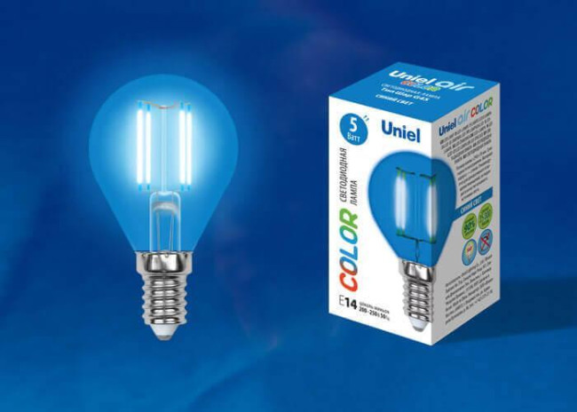 Лампа светодиодная филаментная (UL-00002989) Uniel E14 5W синий LED-G45-5W/BLUE/E14 GLA02BL Лампа светодиодная филаментная (UL-00002989) Uniel E14 5W синий LED-G45-5W/BLUE/E14 GLA02BL