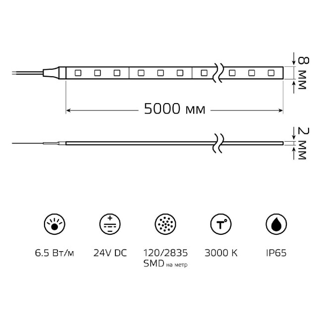 Светодиодная лента Gauss 24В 2835 6,5Вт/м 3000K 5м IP65 311000165 Светодиодная лента Gauss 24В 2835 6,5Вт/м 3000K 5м IP65 311000165