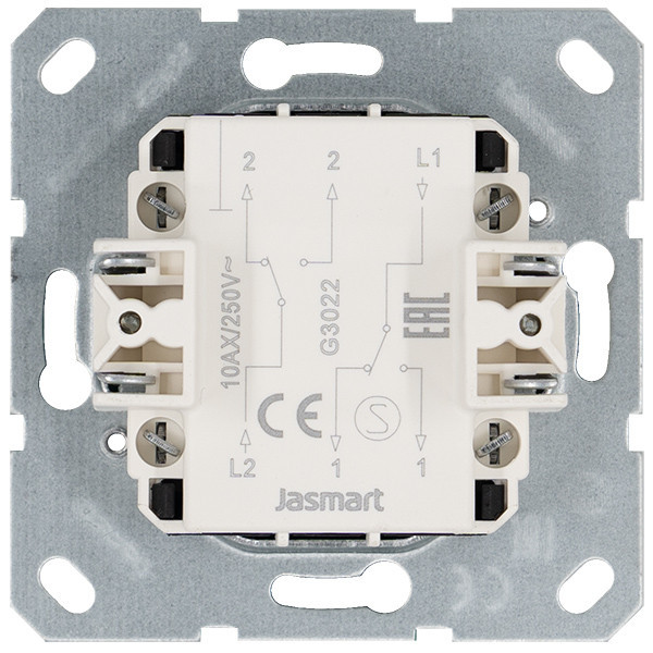 Выключатель двухклавишный проходной Jasmart 10A 250V с накладкой G3022T Выключатель двухклавишный проходной Jasmart 10A 250V с накладкой G3022T