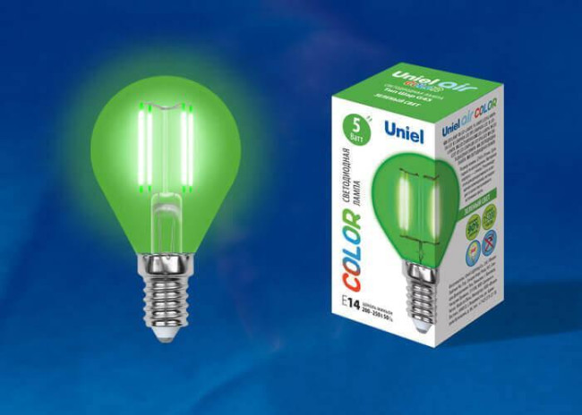Лампа светодиодная филаментная (UL-00002987) Uniel E14 5W зеленый LED-G45-5W/GREEN/E14 GLA02GR Лампа светодиодная филаментная (UL-00002987) Uniel E14 5W зеленый LED-G45-5W/GREEN/E14 GLA02GR
