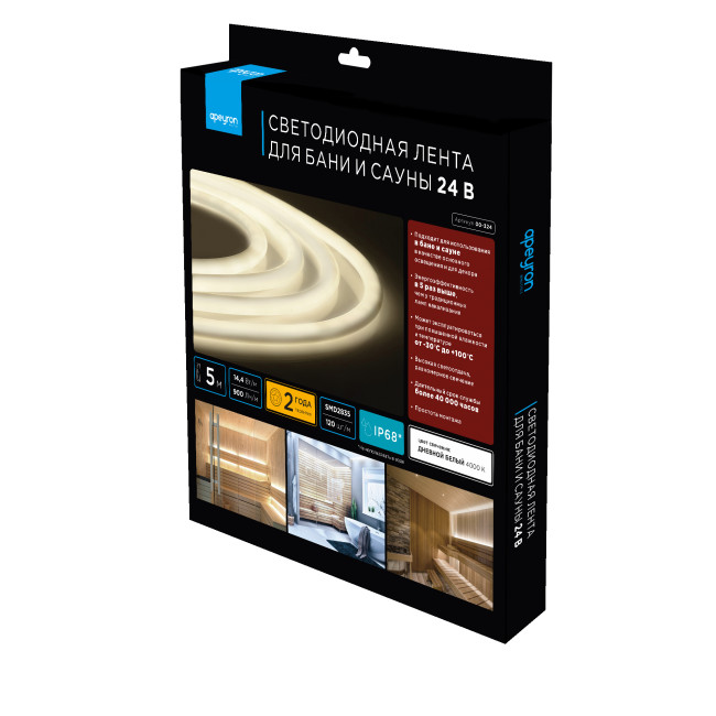 Светодиодная лента для бани и сауны Apeyron 5м 24В СТ 14,4Вт/м smd2835 120д/м IP68 900Лм/м 4000К 00-324 Светодиодная лента для бани и сауны Apeyron 5м 24В СТ 14,4Вт/м smd2835 120д/м IP68 900Лм/м 4000К 00-324