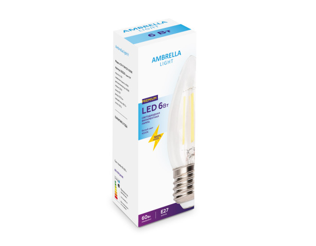 Лампа светодиодная филаментная Ambrella light E27 6W 4200K прозрачная 202220 Лампа светодиодная филаментная Ambrella light E27 6W 4200K прозрачная 202220