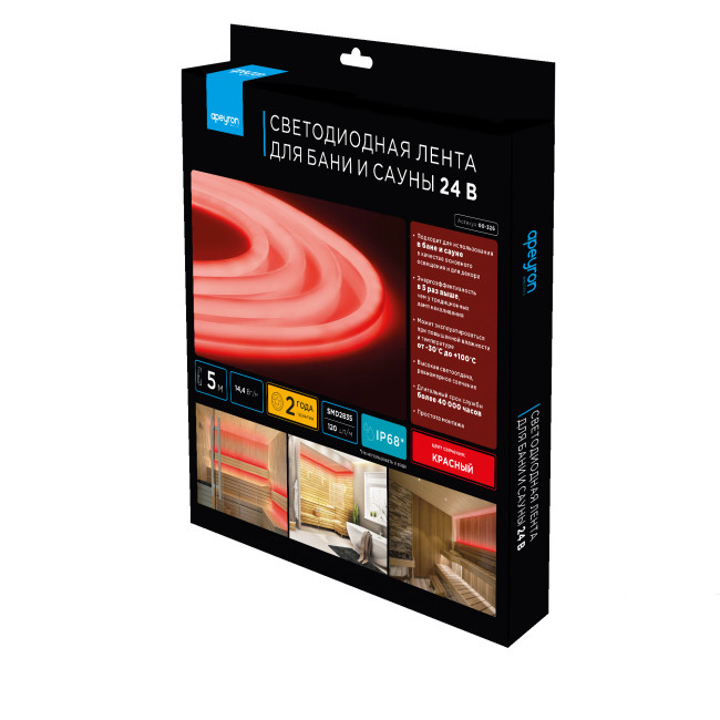 Светодиодная лента для бани и сауны Apeyron 5м 24В СТ 14,4Вт/м smd2835 120д/м IP68 красная 00-326 Светодиодная лента для бани и сауны Apeyron 5м 24В СТ 14,4Вт/м smd2835 120д/м IP68 красная 00-326