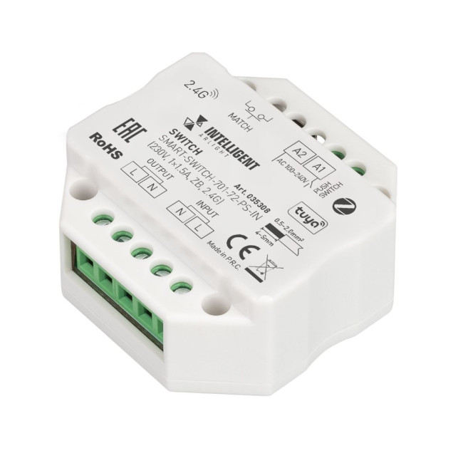 Релейный модуль Arlight SMART-SWITCH-701-72-PS-IN (230V, 1x1.5A, ZB, 2.4G) 035308 Релейный модуль Arlight SMART-SWITCH-701-72-PS-IN (230V, 1x1.5A, ZB, 2.4G) 035308