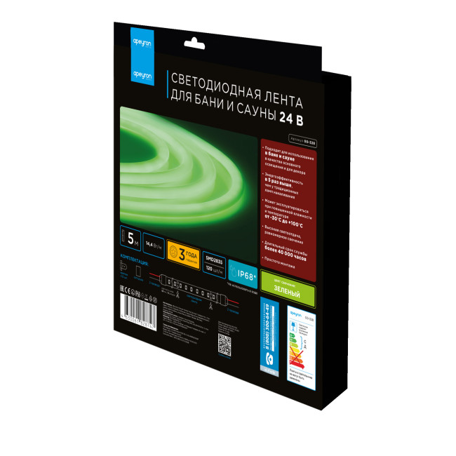 Светодиодная лента для бани и сауны Apeyron 5м 24В СТ 14,4Вт/м smd2835 120д/м IP68 зеленая 00-328 Светодиодная лента для бани и сауны Apeyron 5м 24В СТ 14,4Вт/м smd2835 120д/м IP68 зеленая 00-328