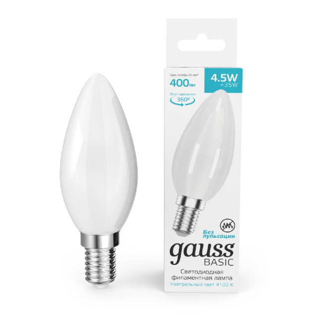 Светодиодная филаментная лампа Gauss Basic Filament E14 4,5W 4100K 1035125 Светодиодная филаментная лампа Gauss Basic Filament E14 4,5W 4100K 1035125