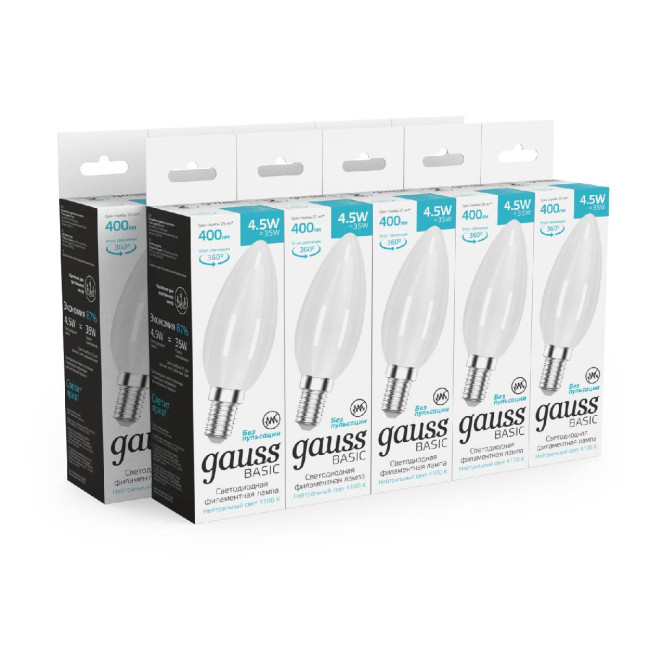 Светодиодная филаментная лампа Gauss Basic Filament E14 4,5W 4100K 1035125 Светодиодная филаментная лампа Gauss Basic Filament E14 4,5W 4100K 1035125