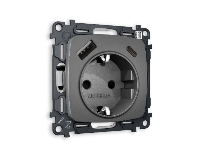 Комплект механизма розетки 2USB A+C 20W (быстрая зарядка) с/з Ambrella Volt Omega MO660010 Комплект механизма розетки 2USB A+C 20W (быстрая зарядка) с/з Ambrella Volt Omega MO660010