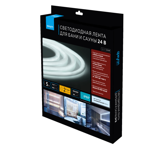 Светодиодная лента для бани и сауны Apeyron 5м 24В СТ 14,4Вт/м smd2835 120д/м IP68 900Лм/м 6500К 00-325 Светодиодная лента для бани и сауны Apeyron 5м 24В СТ 14,4Вт/м smd2835 120д/м IP68 900Лм/м 6500К 00-325