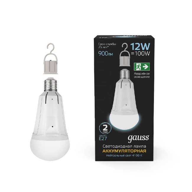 Лампа светодиодная аккумуляторная Gauss E27 12W 4100K матовая 102002212 Лампа светодиодная аккумуляторная Gauss E27 12W 4100K матовая 102002212