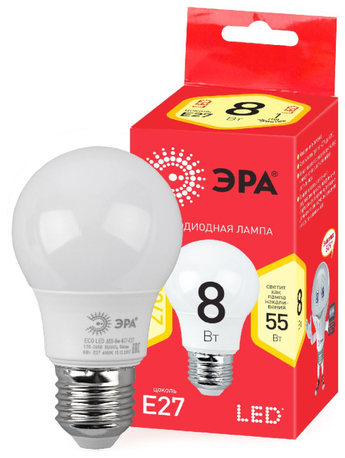 Лампа светодиодная Эра E27 8W 2700K ECO LED A55-8W-827-E27 Б0032095 Лампа светодиодная Эра E27 8W 2700K ECO LED A55-8W-827-E27 Б0032095