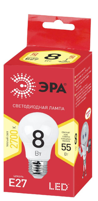 Лампа светодиодная Эра E27 8W 2700K ECO LED A55-8W-827-E27 Б0032095 Лампа светодиодная Эра E27 8W 2700K ECO LED A55-8W-827-E27 Б0032095