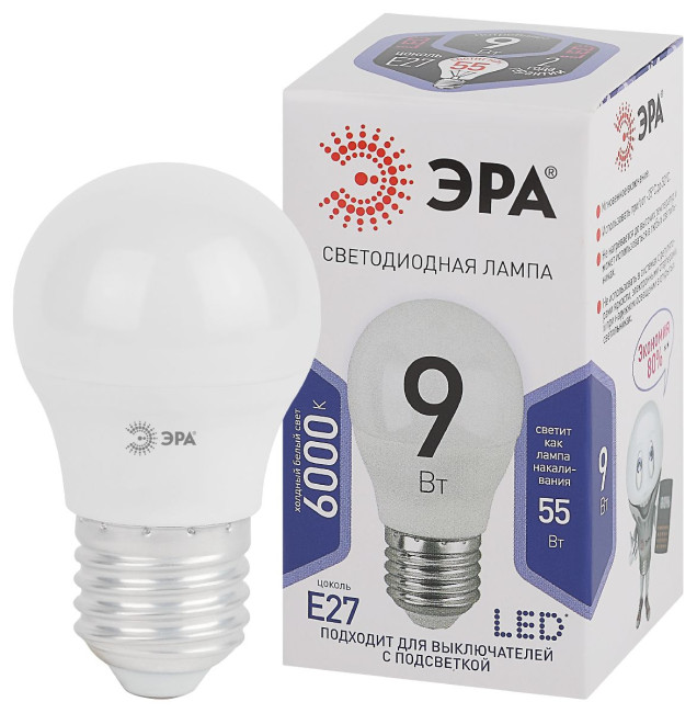 Лампа светодиодная Эра E27 9W 6000K LED P45-9W-860-E27 Б0031412 Лампа светодиодная Эра E27 9W 6000K LED P45-9W-860-E27 Б0031412