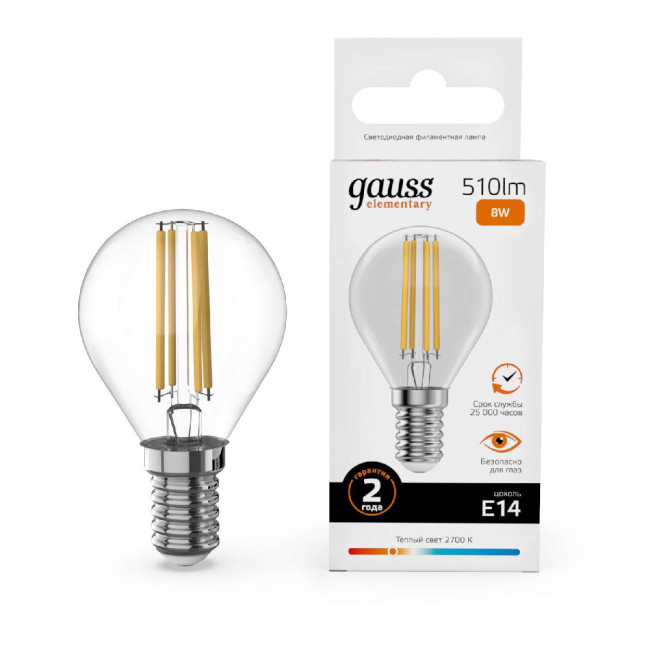 Лампа светодиодная Gauss Filament Elementary E14 8W 2700K 52118 Лампа светодиодная Gauss Filament Elementary E14 8W 2700K 52118