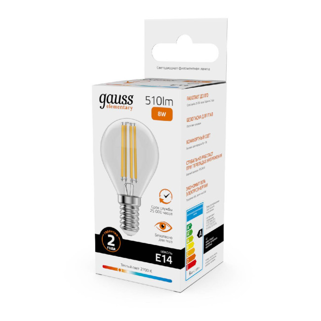 Лампа светодиодная Gauss Filament Elementary E14 8W 2700K 52118 Лампа светодиодная Gauss Filament Elementary E14 8W 2700K 52118