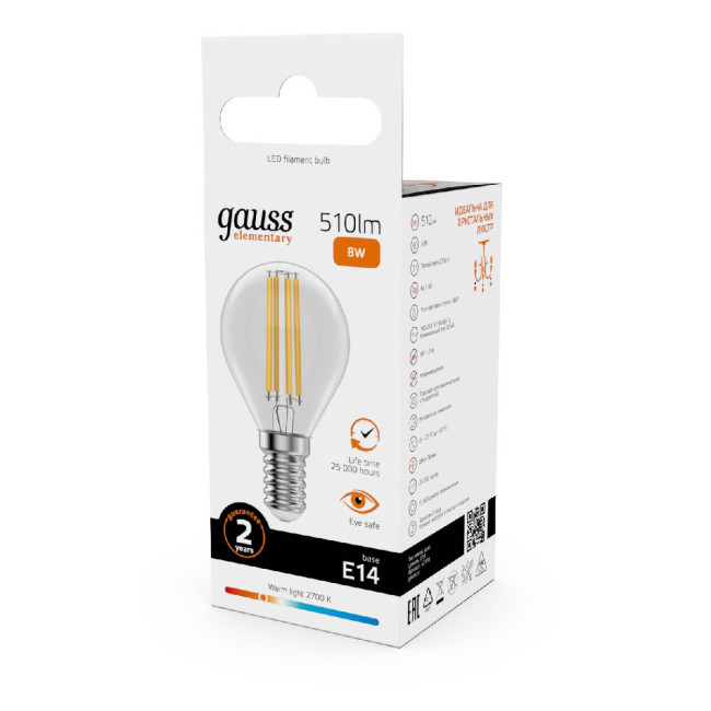 Лампа светодиодная Gauss Filament Elementary E14 8W 2700K 52118 Лампа светодиодная Gauss Filament Elementary E14 8W 2700K 52118