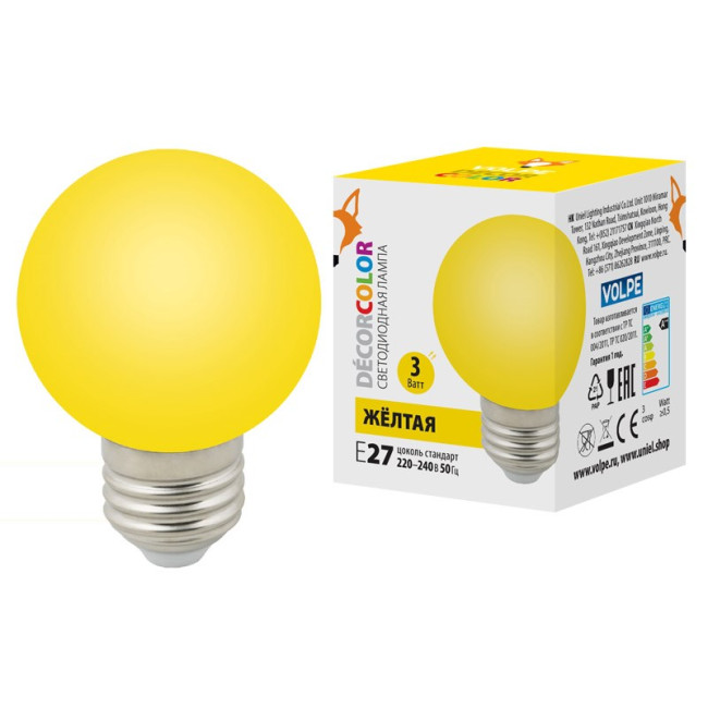 Лампа светодиодная Volpe E27 3W желтая LED-G60-3W/Yellow/E27/FR/С UL-00006961 Лампа светодиодная Volpe E27 3W желтая LED-G60-3W/Yellow/E27/FR/С UL-00006961