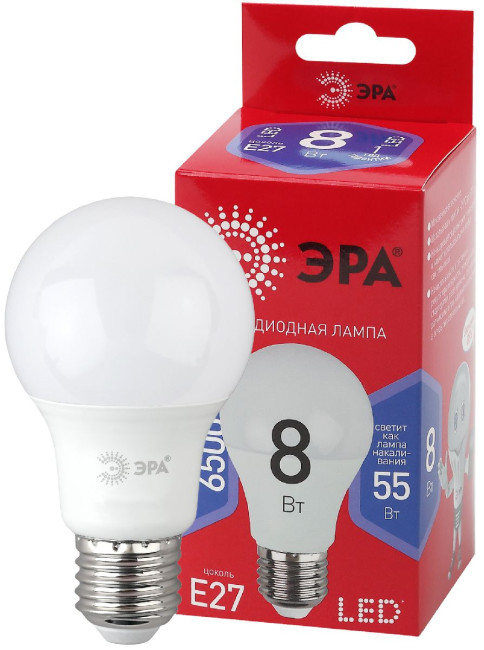 Лампа светодиодная Эра E27 8W 6500K LED A60-8W-865-E27 R Б0045323 Лампа светодиодная Эра E27 8W 6500K LED A60-8W-865-E27 R Б0045323