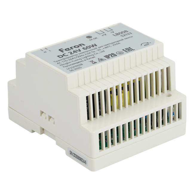 Трансформатор электронный на DIN-рейку Feron LB008 60W 24V IP20 52133 Трансформатор электронный на DIN-рейку Feron LB008 60W 24V IP20 52133