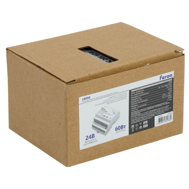 Трансформатор электронный на DIN-рейку Feron LB008 60W 24V IP20 52133 Трансформатор электронный на DIN-рейку Feron LB008 60W 24V IP20 52133