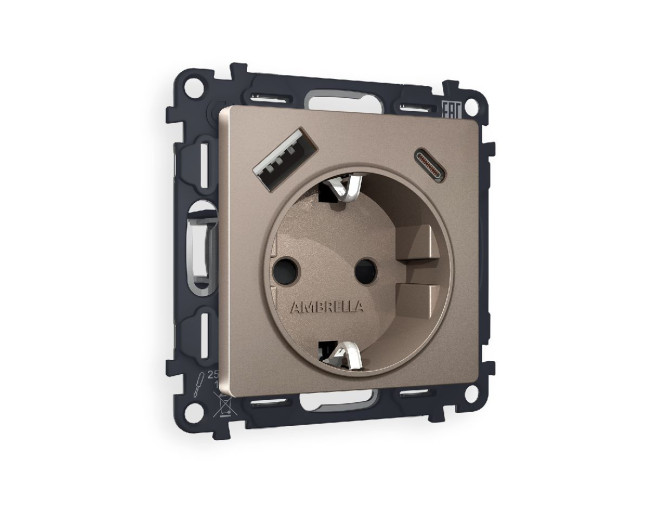 Комплект механизма розетки 2USB A+C 20W (быстрая зарядка) с/з Ambrella Volt Alfa MA640010 Комплект механизма розетки 2USB A+C 20W (быстрая зарядка) с/з Ambrella Volt Alfa MA640010