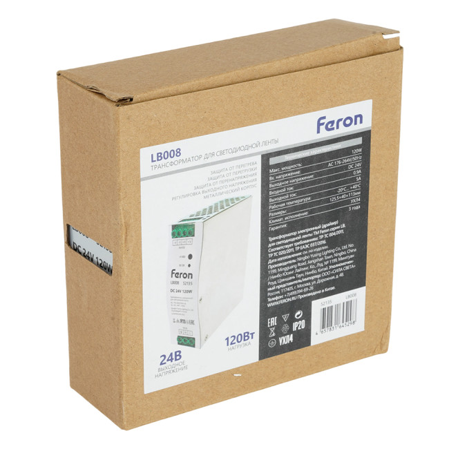 Трансформатор электронный на DIN-рейку Feron LB008 120W 24V IP20 52135 Трансформатор электронный на DIN-рейку Feron LB008 120W 24V IP20 52135