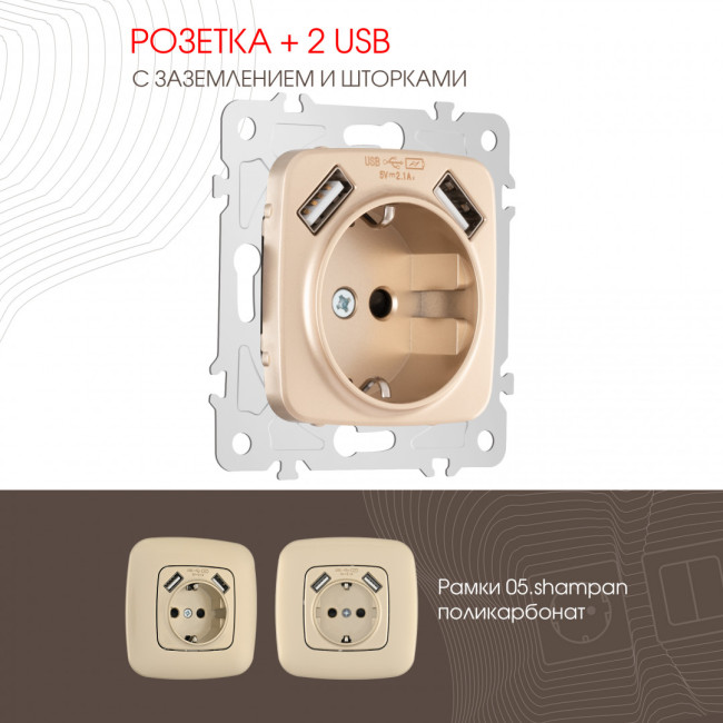 Розетка с заземлением, шторками + 2 USB Arte Milano 205.47-1.shampan Розетка с заземлением, шторками + 2 USB Arte Milano 205.47-1.shampan