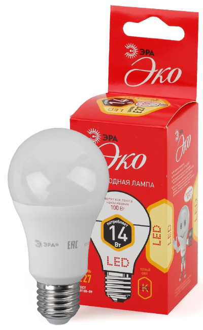 Лампа светодиодная Эра Е27 14W 2700K ECO LED A60-14W-827-E27 груша Б0030028 Лампа светодиодная Эра Е27 14W 2700K ECO LED A60-14W-827-E27 груша Б0030028