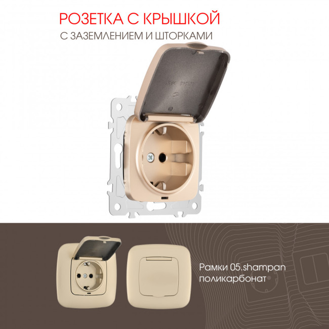 Розетка с заземлением, шторками и защитной крышкой Arte Milano 205.41-1.shampan Розетка с заземлением, шторками и защитной крышкой Arte Milano 205.41-1.shampan