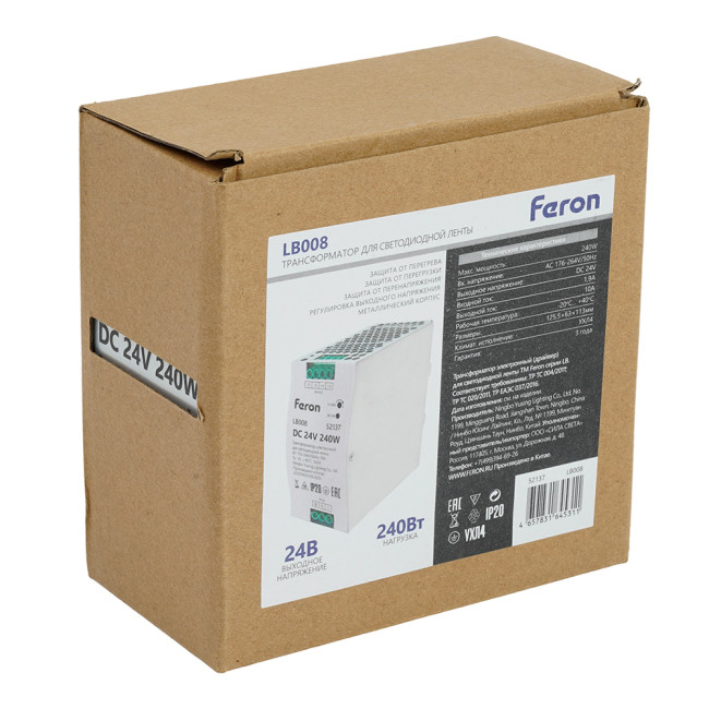 Трансформатор электронный на DIN-рейку Feron LB008 240W 24V IP20 52137
