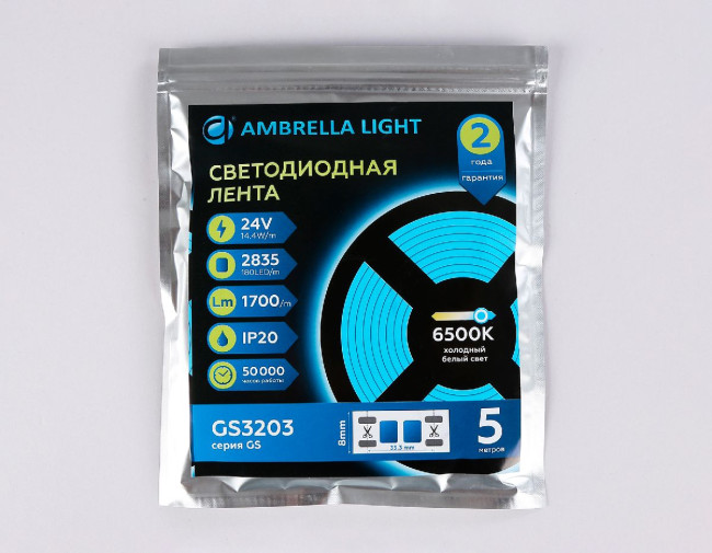 Светодиодная лента Ambrella Light LED Strip 24В 2835 14,4Вт/м 6500K 5м IP20 GS3203
