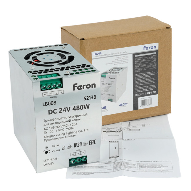 Трансформатор электронный на DIN-рейку Feron LB008 480W 24V IP20 52138 Трансформатор электронный на DIN-рейку Feron LB008 480W 24V IP20 52138