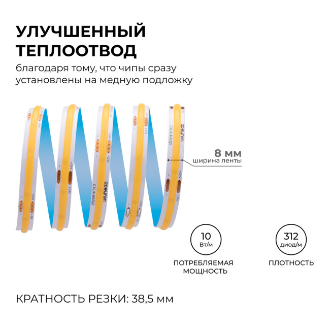 Светодиодная лента Apeyron 24В COB 10Вт/м 6500К 5м IP20 00-395 Светодиодная лента Apeyron 24В COB 10Вт/м 6500К 5м IP20 00-395