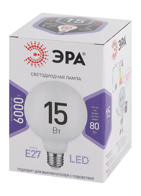 Лампа светодиодная Эра E27 15W 6500K LED G95-15W-6000K-E27 Б0049079 Лампа светодиодная Эра E27 15W 6500K LED G95-15W-6000K-E27 Б0049079