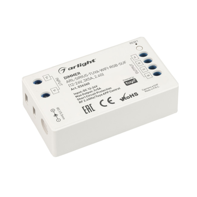 Диммер Arlight ARL-Sirius-Tuya-WIFI-RGB-SUF (12-24V, 3x5A, 2.4G) 036360 Диммер Arlight ARL-Sirius-Tuya-WIFI-RGB-SUF (12-24V, 3x5A, 2.4G) 036360