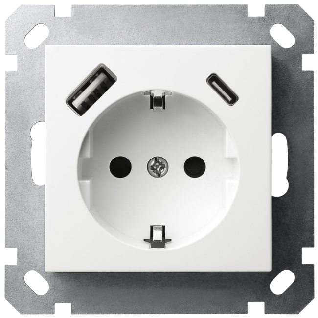 Розетка SHUKO Jasmart с USB тип A-C с защитными шторками 25W 16A 250V 2P+T белый глянцевый G5501USB-25W