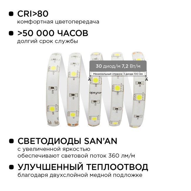 Комплект светодиодной ленты Apeyron 12В 7.2Вт/м smd 5050 30 д/м IP65 5м 6400K (блок, коннектор) 10-01 Комплект светодиодной ленты Apeyron 12В 7.2Вт/м smd 5050 30 д/м IP65 5м 6400K (блок, коннектор) 10-01