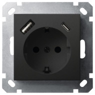 Розетка SHUKO Jasmart с USB тип USB A-C с защитными шторками черный матовый (soft touch) 25W 16A 250V 2P+T G5501USB-25PB