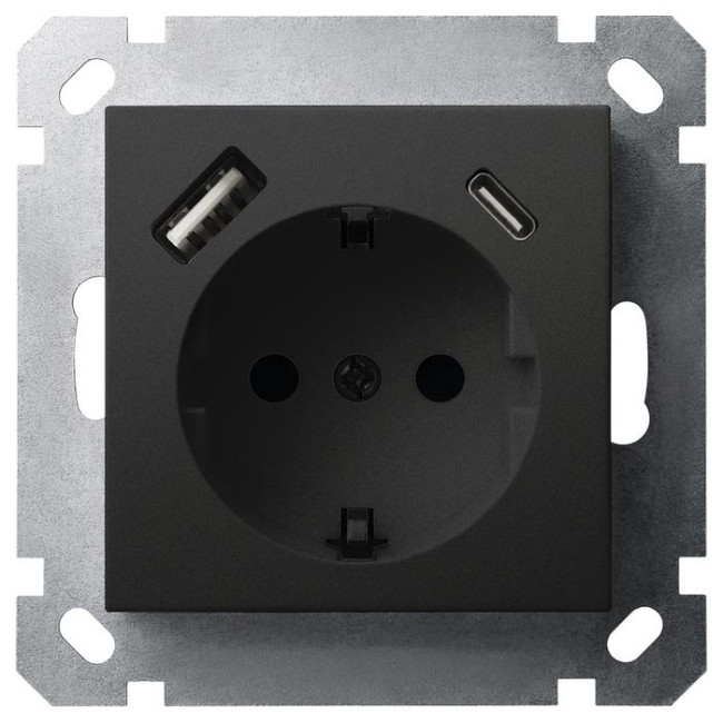 Розетка SHUKO Jasmart с USB тип USB A-C с защитными шторками черный матовый (soft touch) 25W 16A 250V 2P+T G5501USB-25PB