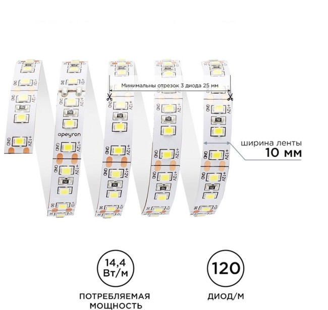Светодиодная лента Apeyron Стандарт 12В 2835 14,4Вт/м 400К 5м IP20 00-53 Светодиодная лента Apeyron Стандарт 12В 2835 14,4Вт/м 400К 5м IP20 00-53