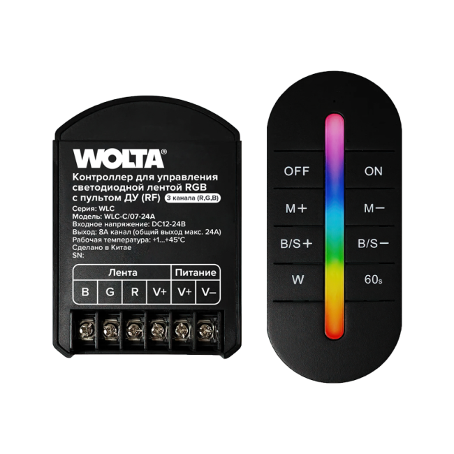 Контроллер 3-канальный для светодиодной ленты RGB 12-24В, 24А с пультом RF WOLTA WLC-C/07-24A Контроллер 3-канальный для светодиодной ленты RGB 12-24В, 24А с пультом RF WOLTA WLC-C/07-24A