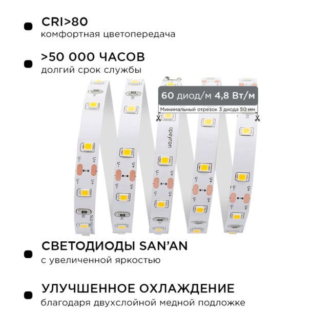 Комплект светодиодной ленты Apeyron 12В 48Вт/м smd 3528 60 д/м IP20 1м 3000К (блок, коннектор) 10-66 Комплект светодиодной ленты Apeyron 12В 48Вт/м smd 3528 60 д/м IP20 1м 3000К (блок, коннектор) 10-66