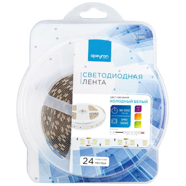Светодиодная лента Apeyron 12В 14,4Вт/м smd5050 60д/м IP20 700Лм/м 3м, 6500К 229BL Светодиодная лента Apeyron 12В 14,4Вт/м smd5050 60д/м IP20 700Лм/м 3м, 6500К 229BL